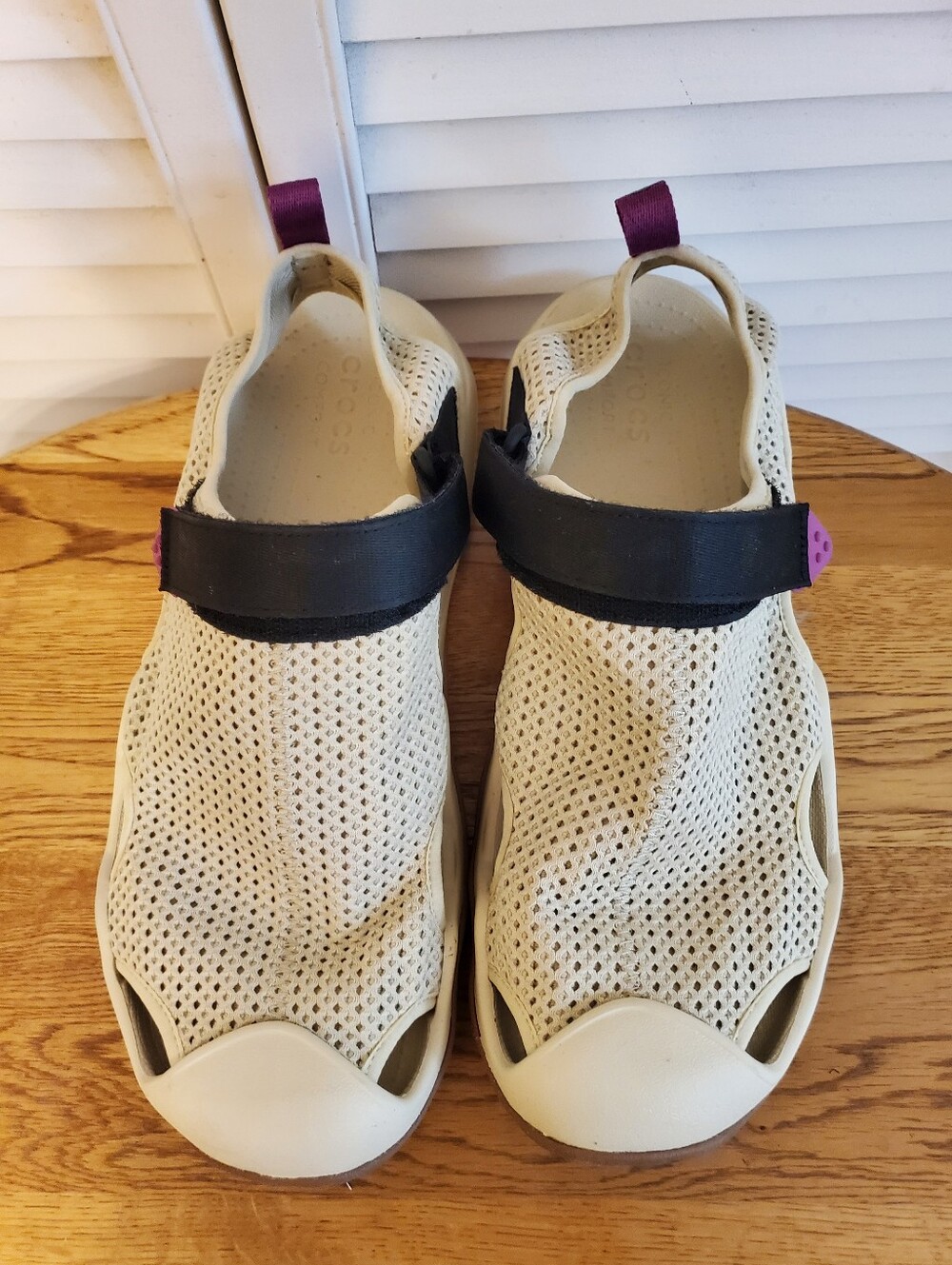 CROCS Swiftwater Men's Cream Mesh Sandals with Black & Purple Accents, Size 11